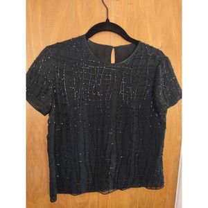 Hand Beaded silk black short sleeve cocktail top